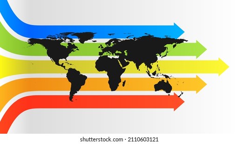 Mapa mundial de flechas de color arco iris, sobre fondo blanco. Concepto de negocios, finanzas y economía mundiales. EPS10.