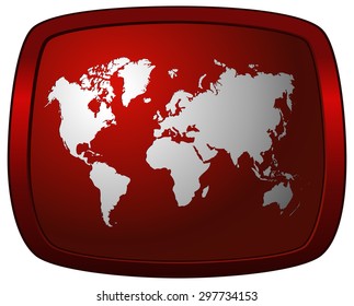 World Map on a Red Glossy Square Plate, Vector Illustration. 