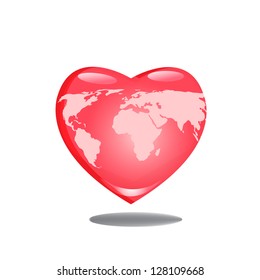 World map on red heart with white background