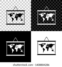 World map on a school blackboard icon isolated on black, white and transparent background. Drawing of map on chalkboard. Vector Illustration