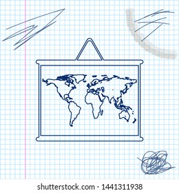 World map on a school blackboard line sketch icon isolated on white background. Drawing of map on chalkboard. Vector Illustration