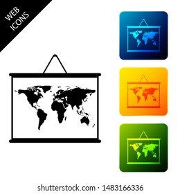 World map on a school blackboard icon isolated on white background. Drawing of map on chalkboard. Set icons colorful square buttons. Vector Illustration