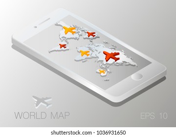world map on the smartphone screen with plane. Vector illustration.