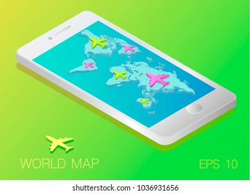 world map on the smartphone screen with plane. Vector illustration.