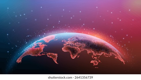 World map on space background. Earth globe, global network, digital universe, virtual internet connection, world communication, future planet concept, line connected, metaverse icon.