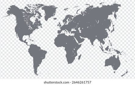 World map on transparent background. World map template with continents, North and South America, Europe and Asia, Africa and Australia