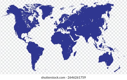 World map on transparent background. World map template with continents, North and South America, Europe and Asia, Africa and Australia