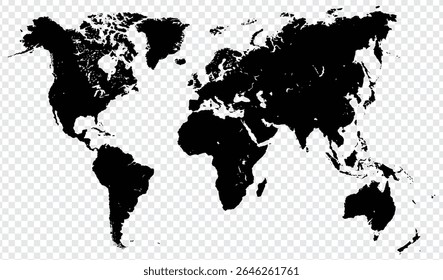 World map on transparent background. World map template with continents, North and South America, Europe and Asia, Africa and Australia
