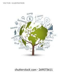 World map on a tree on the background of charts and graphs, business plans. Business world concept modern design template work flow layout, diagram, step up options, vector illustration