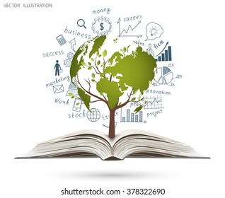 World map on a tree on the background of charts and graphs, business plans. Business world concept modern design template work flow layout, diagram, step up options. Vector illustration. Open book