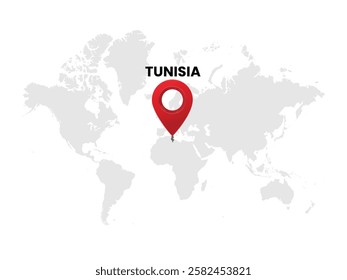 World map on Tunisia on White Background. Tunisia Highlighted with Location Symbol. Vector Illustration of Map and Pin Location of Tunisia Country.