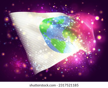 World map, on vector 3d flag on pink purple background with lighting and flares