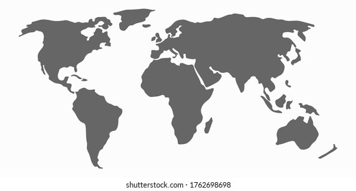World map on white background with continents. Europe, Australia, North and South America, Africa. Gray world map vector illustration template. 