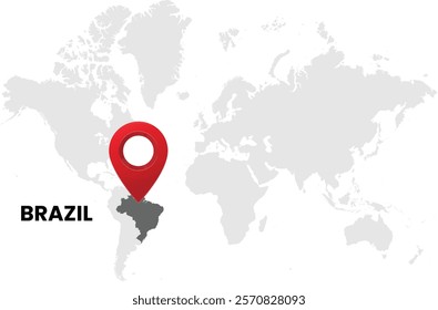 World map on white background. World map with country Brazil highlighted with location symbol. Vector illustration of map and pin location of Brazil country