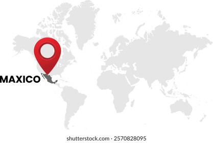 World map on white background. World map with country Maxico highlighted with location symbol. Vector illustration of map and pin location of Maxico country