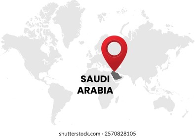 World map on white background. World map with country Saudi Arabia highlighted with location symbol. Vector illustration of map and pin location of Saudi Arabia country