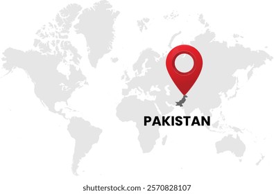 World map on white background. World map with country South Africa highlighted with location symbol. Vector illustration of map and pin location of Pakistan country