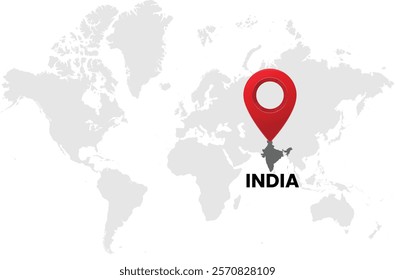 World map on white background. World map with country India highlighted with location symbol. Vector illustration of map and pin location of India country