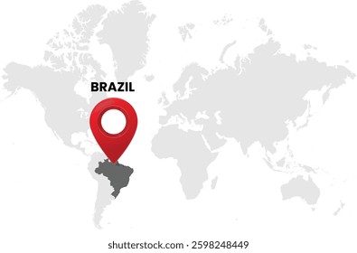 World map on white background. World map with country Brazil highlighted with location symbol. Vector illustration of map and pin location of Brazil country.