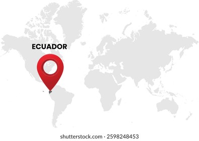 World map on white background. World map with country Ecuador highlighted with location symbol. Vector illustration of map and pin location of Ecuador country.
