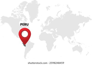 World map on white background. World map with country Peru highlighted with location symbol. Vector illustration of map and pin location of Peru country.
