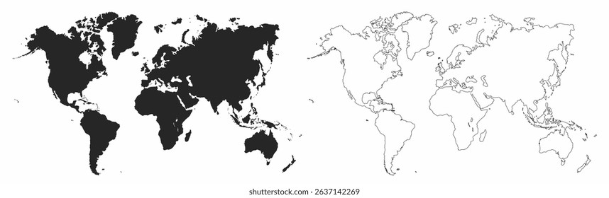 World map on white background. Outline world map. World map template with continents. North and South America, Europe and Asia, Africa and Australia. Vector
