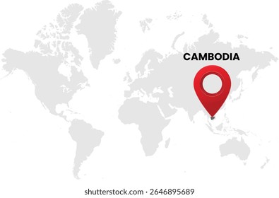World map on white background. World map with country cambodia highlighted with location symbol. Vector illustration of map and pin location of cambodia country.