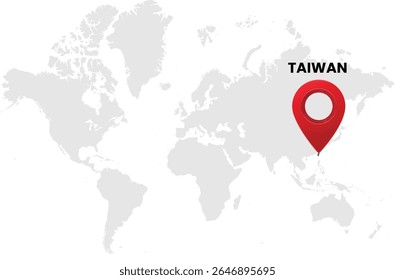 World map on white background. World map with country taiwan highlighted with location symbol. Vector illustration of map and pin location of taiwan country.