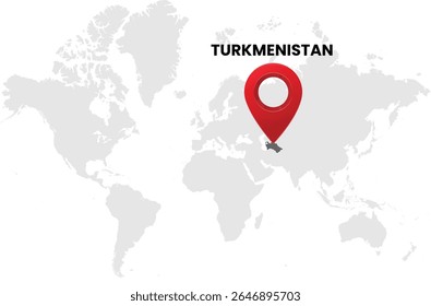 World map on white background. World map with country turkmenistan highlighted with location symbol. Vector illustration of map and pin location of turkmenistan country.