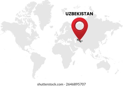 World map on white background. World map with country uzbekistan highlighted with location symbol. Vector illustration of map and pin location of uzbekistan country.