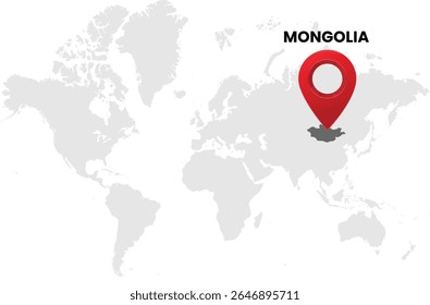 World map on white background. World map with country mongolia highlighted with location symbol. Vector illustration of map and pin location of mongolia country.