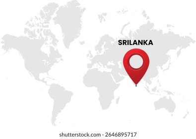 World map on white background. World map with country srilanka highlighted with location symbol. Vector illustration of map and pin location of srilanka country.