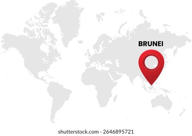 World map on white background. World map with country brunei highlighted with location symbol. Vector illustration of map and pin location of brunei country.