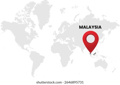 World map on white background. World map with country malaysia highlighted with location symbol. Vector illustration of map and pin location of malaysia country.