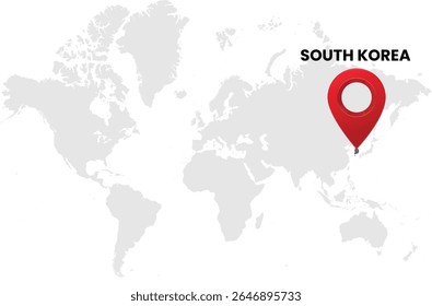 Mapa do mundo sobre fundo branco. Mapa do mundo com país Coreia do Sul destacado com símbolo de localização. Ilustração vetorial do mapa e localização do pin do país da coreia do sul.