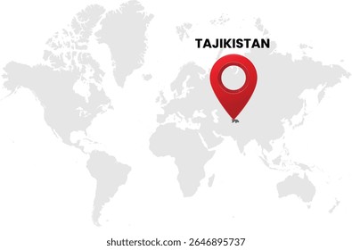 World map on white background. World map with country tajikistan highlighted with location symbol. Vector illustration of map and pin location of tajikistan country.