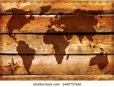 World map on wooden texture. Vector illustration.