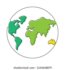 World map one line art. Continuous Earth line drawing symbol with color continents. Vector illustration isolated on white background.