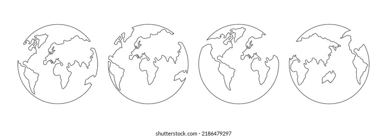 Mapa mundial de una línea de arte. Colección continua de dibujo de la línea de doodle terrestre. Grupo de símbolos dibujado a mano en el globo terrestre. Ilustración vectorial aislada en fondo blanco.