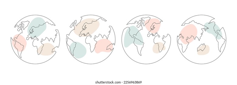 World map one line art collection. Continuous Earth line drawing set. Earth globe hand drawn symbol with pastel shapes group. Vector illustration isolated on white background.