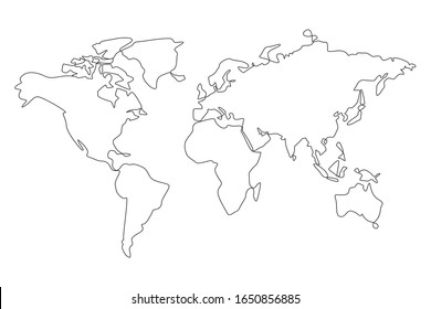 World map one line drawing on white isolated background. Abstract outline of the continents. Vector illustration