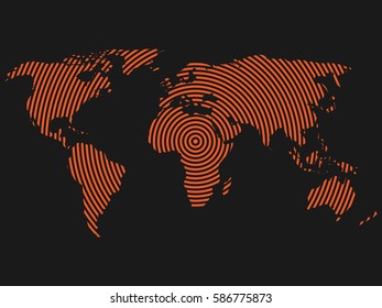 World map of orange concentric rings on dark grey background. Worldwide communication radio waves concept Modern design vector wallpaper.