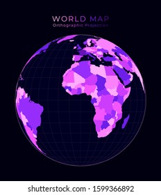 World map. Orthographic projection. Digital world illustration. Bright pink neon colors on dark background. Elegant vector illustration.