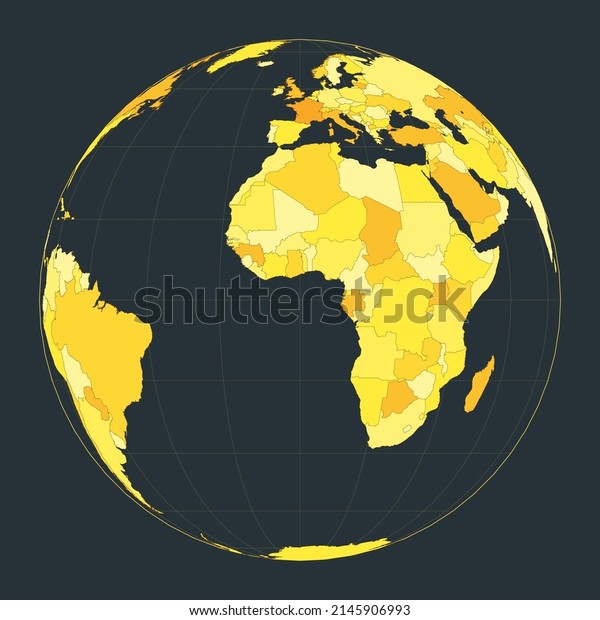 World Map. Orthographic projection.\
Futuristic world illustration for your infographic. Bright yellow\
country colors. Neat vector\
illustration.