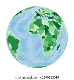 World Map. Orthographic projection. World in green colors with blue ocean. Vector illustration.