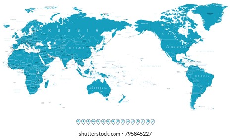 World Map Outline Contour Silhouette - Asia in Center - vector