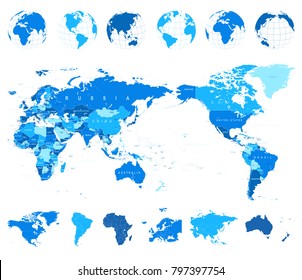 World Map Outline Contour Silhouette - Asia in Center - vector