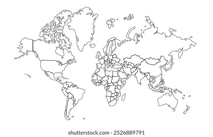 World map outline map with district border. Hand drawn illustration.