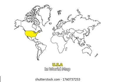 World map outline with focus on u.s.a in yellow colour