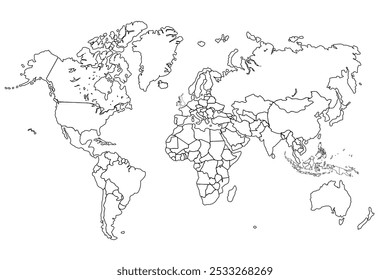 World map Outline, Linear Doodle Drawing. for website layouts,background,education, precise,customizable,Travel worldwide,map silhouette backdrop,earth geography, political,reports.